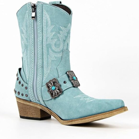 Women's Blue Ankle High Embroidery Pointed Toe Cowgirl Boots Rodeo Country - Picture 2 of 3